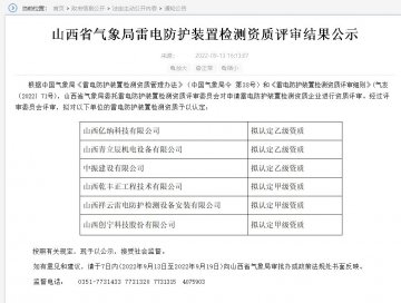 山西雷電防護(hù)裝置檢測(cè)資質(zhì)評(píng)審結(jié)果公示,3家單位升甲級(jí)資質(zhì)！